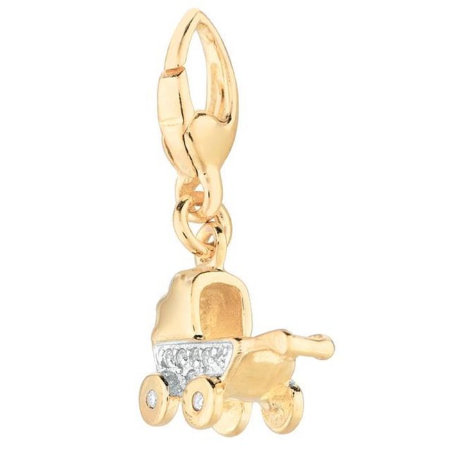 Zawieszka - wózek wykonana ze złota i srebra z diamentami. Biżuteria dla mamy i dziecka