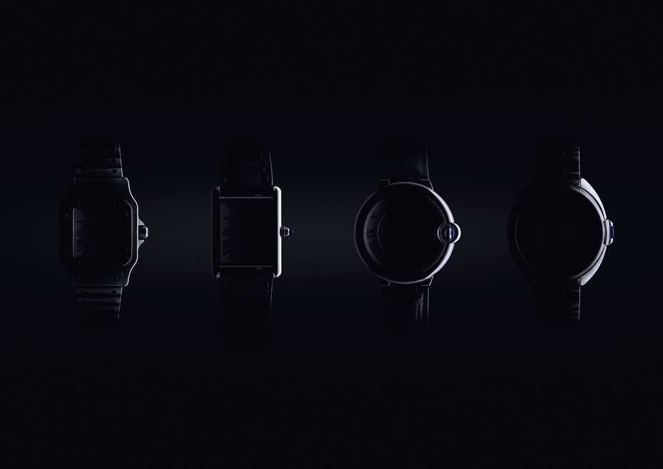 Ewolucja zegarków Cartier. Od lewej - Santos, Tank, Ballon Bleu, Cle