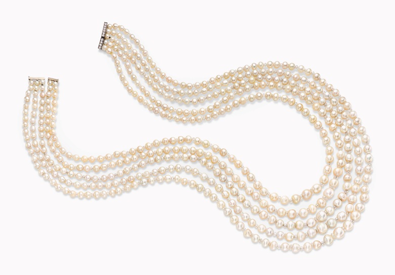 a-five-strand-natural-pearl-and-diamond-necklace